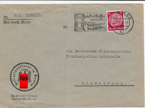 DR: Le président de la police Berlin à Kripo Düsseldorf, 1936, timbre publicitaire boîte aux lettres