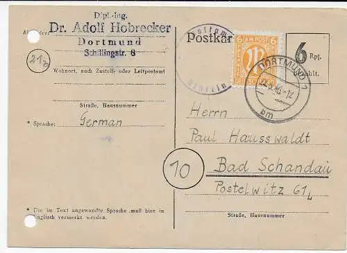 BiZone: Dortmund, Postamt Rinteln nach Bad Schandau, 1946