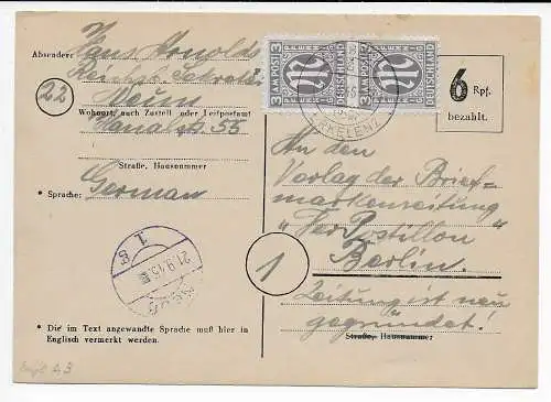 BiZone: Postkarte 1946 Arsbeck/Neuss nach Berlin, 1945/46