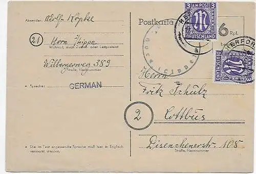 BiZone: Postkarte 1946 Herford nach Cottbus