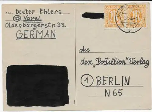 BiZone: Postkarte Varel 1946 nach Berlin