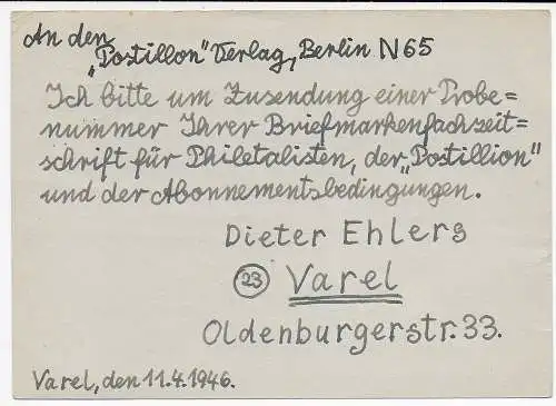 BiZone: Postkarte Varel 1946 nach Berlin