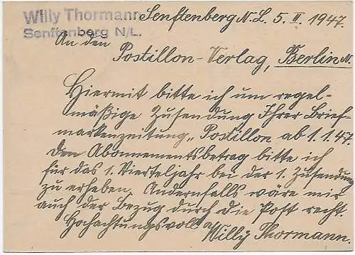 Überstempelte Feldpostkarte Senftenberg nach Berlin, 1947