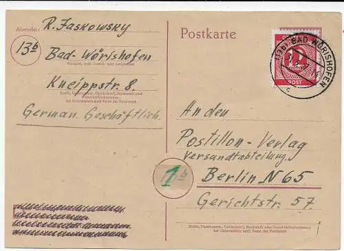 Postkarte überklebt von Bad Wörishofen nach Berlin, 1947