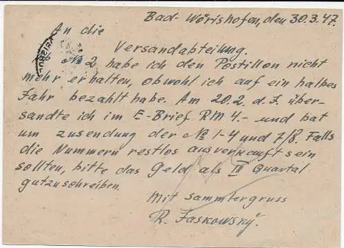 Postkarte überklebt von Bad Wörishofen nach Berlin, 1947