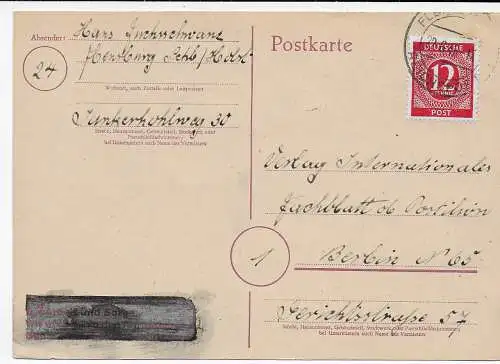 Postkarte überklebt von Flensburg nach Berlin, 1946