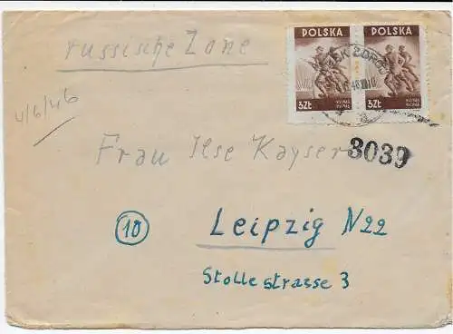 Polen: Brief 1946 nach Leipzig, frühe Post, Zensur