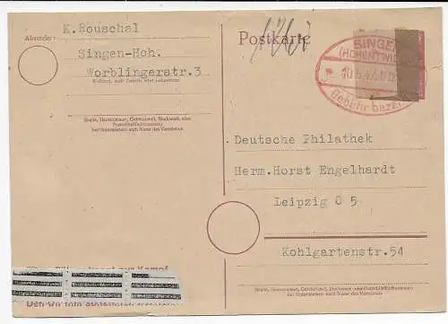 überklebte Postkarte von Singen-Hohentwiel nach Leipzig 1947