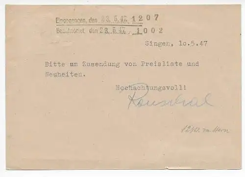 überklebte Postkarte von Singen-Hohentwiel nach Leipzig 1947