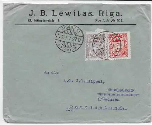 Lettland: Brief von Riga 1927 nach Neugersdorf