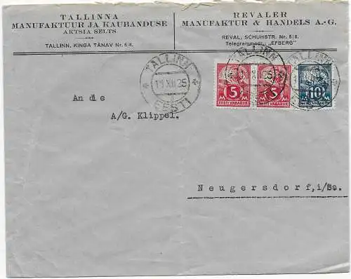 Estonie: Lettre de Tallin 1925 à Neugersdorf