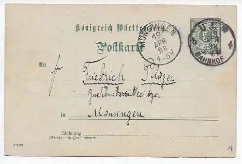 Württemberg: Ganzsache aus Ulm nach Münsingen, 1898, Rückseitig Lichtenstein