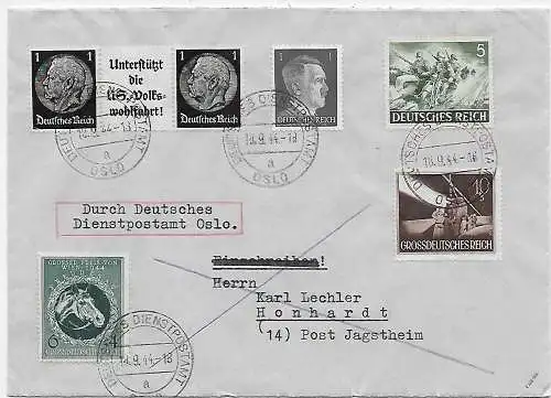 DR: Brief Deutsches Dienstpostamt Oslo nach Honhardt/Jagstheim 1944