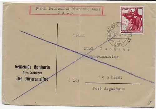 DR: Brief Deutsches Dienstpostamt Oslo nach Honhardt/Crailsheim, 1944