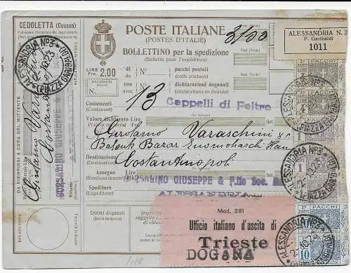 Italien: Paketkarte Alessandria nach Trieeste, 1923