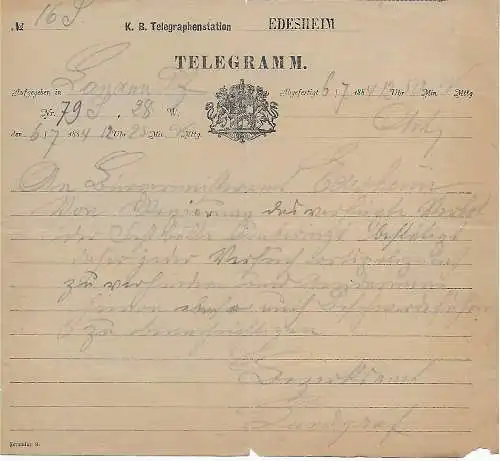 Bayern: Telegramm Landau Pfalz nach Edesheim 1884