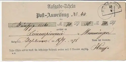 Bayern: Aufgabe-Schein, Post-Anweisung 1878, Rossbrun