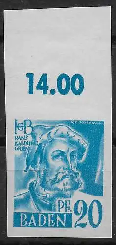 Baden: MiNr. 7U mit Oberrand, postfrisch, **