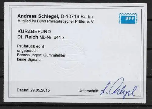 DR: MiNr. 641x, ungebraucht, Gummifehler, BPP Befund