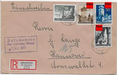 GG: Generalgouvernement Einschreiben Postagentur Jakubowice-Kiielecki, 1941
