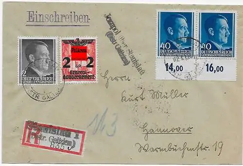 GG: Generalgouvernement Einschreiben Stanislau, Agenturstempel Galizien 1942