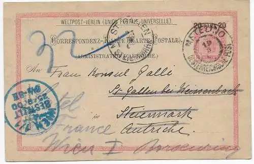 Levante: Postkerte Metelino nach St. Gallen bei Weissenbach/Steiermark-Wien 1900