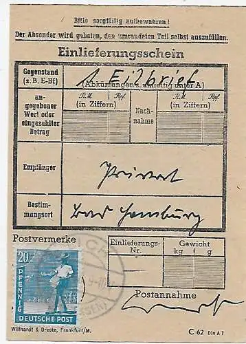 All. Besetzung: Einlieferungsschein Eilbrief von Lich 1948 nach Hamburg