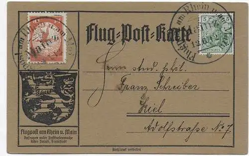 DR: Flug-Post-Karte: Flugpost am Rhein und am Main nach Kiel, 1912