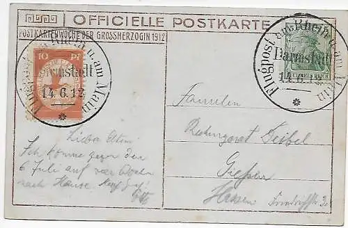 1912Flug-Post-Karte: Flugpost am Rhein und am Main Postkartenwoche Grossherzogin