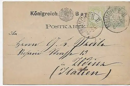 Ganzsache 2 Kr. plus 1 Kreuzer von München 1880 nach Italien