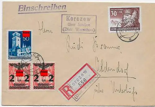 GG: Generalgouvernement Einschreiben Korczew, Postagentur über Gorlice, 1941