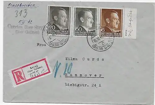 GG: Generalgouvernement Einschreiben Stryj, Postagentur Czertez/Galizien 1941