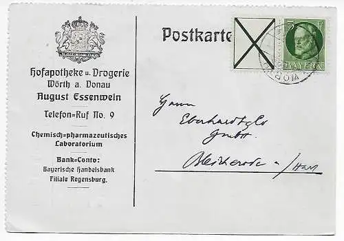 Bayern: Postkarte MiNr. W5, Zudruck von Wörth/Donau Hofapotheke 1915