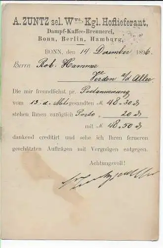 DR: Bonn, Firmenlochung -Perfin- Dampf Kaffeee Postkarte nach Herden 1906