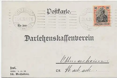 DR: Postkarte von Stuttgart 1920 nach Ottmarsheim, Perfin-Firmenlochung -k-