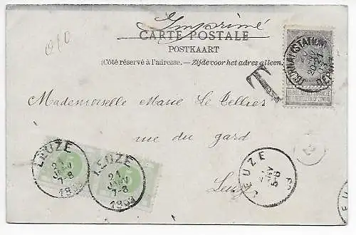 Belgien: Drucksache-Postkarte Tournai nach Leuze - Nachporto - Taxe 1903