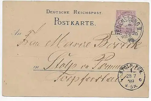 AK Gruss aus Regensburg 1889 nach Stolp - Pommern