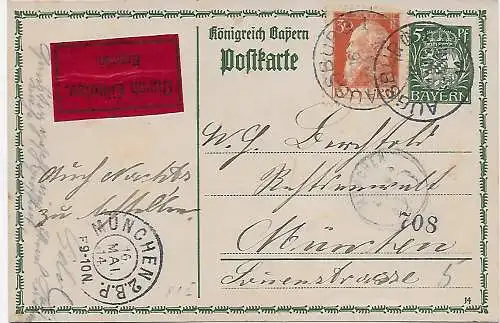 Bayern: Ganzsache als Eilbote von Augsburg nach München, 1914