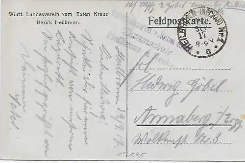 Feldpost Dammschule - Lazarett - Heilbronn 1917 nach Annaberg, Rote Kreuz Karte