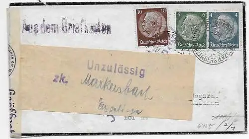 DR: Trauerbrief Markersbach, Heim nach Ungarn: Unzulässig zurück 1942