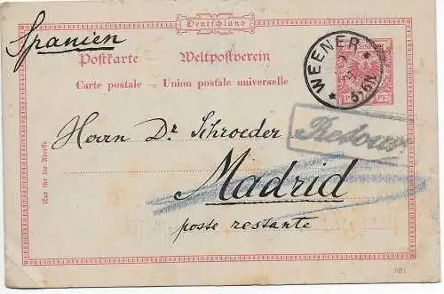 DR: Ganzsache Weener 1891 nach Madrid und Retour