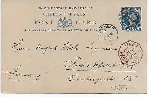 Ceylon: post card mit franz. Schiffspost 1893 nach Frankfurt