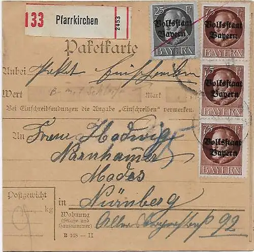 Bayern: Paketkarte Pfarrkirchen nach Nürnberg