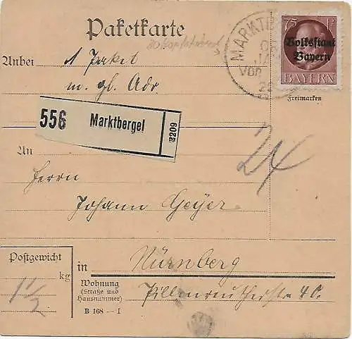 Bayern: Paketkarte Marktbergel 1920 nach Nürnberg