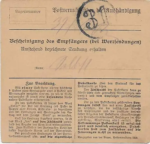 Bayern: Paketkarte Marktbergel 1920 nach Nürnberg