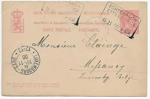 Luxemburg: Ganzsache Echternach - Ettelbruck, 1900 Bahnpost nach Messancy