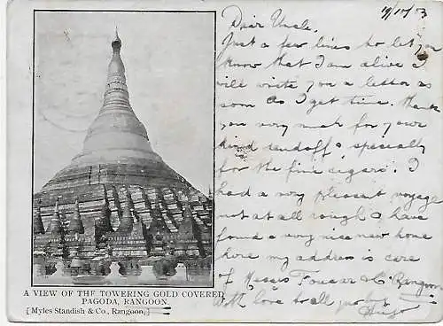 British India: picture post card Pagoda Rangoon, 1903 to Freiburg