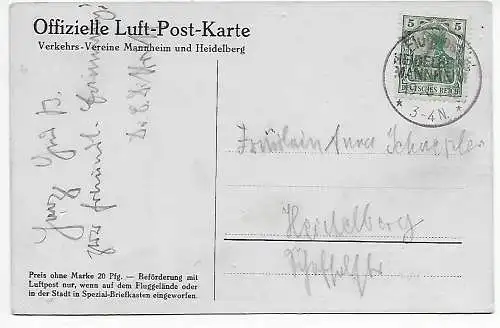 DR: Offizielle Luft-Post-Karte Heidelberg Mannheim 1912