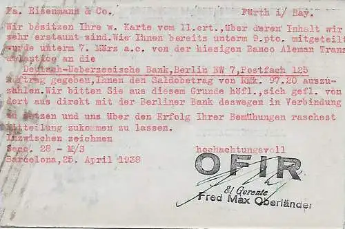 Spanien: Barcelona nach Fürth mit republikanischer Zensur 1938