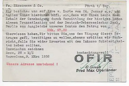 Spanien: Barcelona 1938 nach Fürth mit republikanischer Zensur